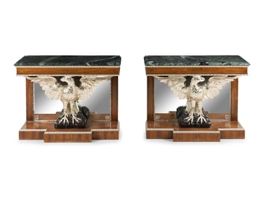A Pair of Regency Style Rosewood, Brass-Inlaid, Carved and Silvered Marble-Top Console Tables