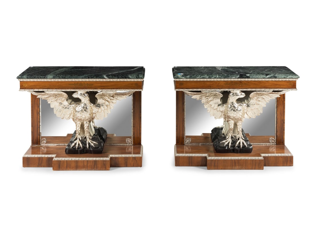 A Pair of Regency Style Rosewood, Brass-Inlaid, Carved and Silvered Marble-Top Console Tables (1 of 3)