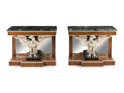 A Pair of Regency Style Rosewood, Brass-Inlaid, Carved and Silvered Marble-Top Console Tables: A Pair of Regency Style Rosewood, Brass-Inlaid, Carved and Silvered Marble-Top Console Tables 20th Century each with a mirrored back. Height 34 x width 44 x depth 16 inches. Property of a California C