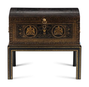 An English Tooled Leather Chest on Stand of Parliamentary Interest