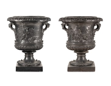 A Pair of English Lead Allegorical Garden Urns