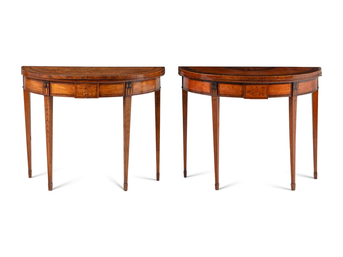 A Pair of Irish Satinwood and Penwork Game Tables: A Pair of Irish Satinwood and Penwork Game Tables Manner of William Moore, Dublin, Late 18th Century Height 30 x width 38 x depth 17 inches (closed). Property from the Collection of David Wilton, Phil