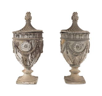 A Pair of Lead Garden Urns and Covers: A Pair of Lead Garden Urns and Covers 19th Century Height 44 inches. Property from the Collection of David Wilton, Philadelphia, Pennsylvania This lot is located in Chicago.