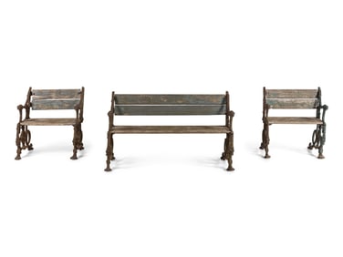 A Group of Coalbrookdale Painted Wood and Iron Garden Benches
