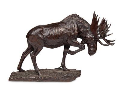 Leo Frank Nock (American, 1873-1949): Leo Frank Nock (American, 1873-1949) Standing Moose bronze signed on base Height 19 x width 30 x depth 13 inches. Property of a California Collector This lot is located in Chicago. Provenance: