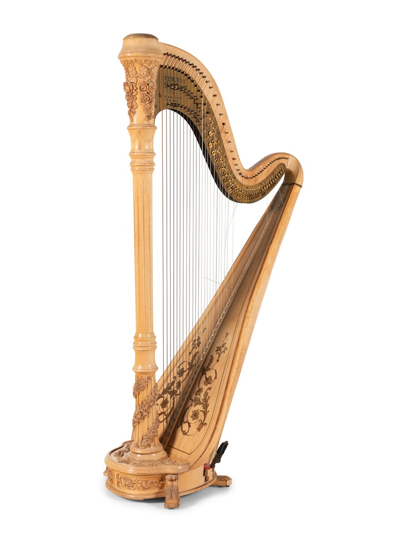 A W and W Venus Concert Grand Harp: A W and W Venus Concert Grand Harp 20th Century with seven pedals and forty-seven strings; inscribed 'model No.75' and further numbered 'NO-353'. Height 74 x width 21 1/2 x depth 36 1/2 inches. This l