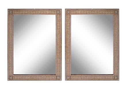 A Pair of Mother-of-Pearl and Tortoiseshell Marquetry Mirrors: A Pair of Mother-of-Pearl and Tortoiseshell Marquetry Mirrors 20th Century Height 68 1/2 x width 51 1/2 inches. This lot is located in Chicago.