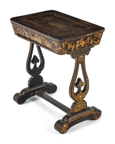 A Chinese Export Black Lacquer and Parcel Gilt Needlework Table