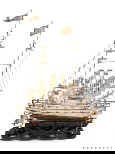 A Chinese Export Silver or Silvered Metal Ship Model: A Chinese Export Silver or Silvered Metal Ship Model 19th/20th Century apparently unmarked; together with a hardwood stand. Height of ship 11 x width 8 x depth 2 1/2 inches, Property from a Private Co