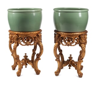 A Pair of Chinese Celadon Glazed Porcelain Fish Bowls on Giltwood Stands