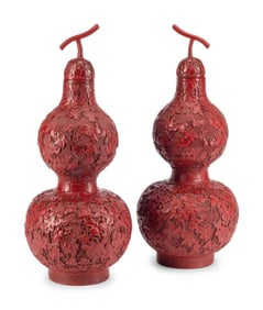 A Pair of Chinese Carved Red Lacquer Double-Gourd Vases
