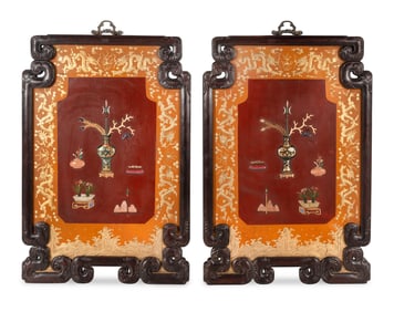 A Pair of Framed Chinese Hardstone-Inlaid Panels