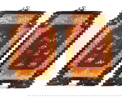 A Pair of Framed Chinese Hardstone-Inlaid Panels: A Pair of Framed Chinese Hardstone-Inlaid Panels 20th Century Height 54 x width 34 1/2 inches. This lot is located in Chicago.