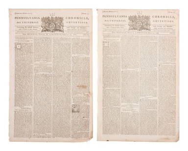 [REV. WAR] Pennsylvania Chronicle & Universal Advertiser. 2 issues feat. essays by Benj. Franklin.: [REV. WAR] Pennsylvania Chronicle & Universal Advertiser. 2 issues feat. essays by Benj. Franklin. 2 issues of the Pennsylvania Chronicle & Universal Advertiser (Vol. I, Numbers 5 and 7),