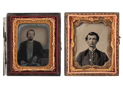 [CIVIL WAR]. Ninth plate tintype of a likely western theater officer posed with a porkpie hat, plus.: [CIVIL WAR]. Ninth plate tintype of a likely western theater officer posed with a porkpie hat, plus. Ninth plate seated portrait of a bearded man wearing what appears to be a private purchase or