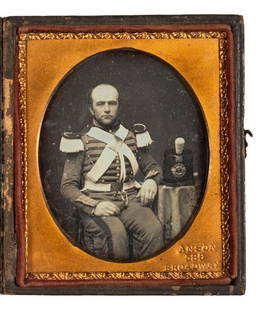 [MILITARIA]. ANSON, artist. Sixth plate daguerreotype of a 7th New York Militiaman. : [MILITARIA]. ANSON, artist. Sixth plate daguerreotype of a 7th New York Militiaman. Fine seated portrait of a middle-aged militiaman wearing his coat, crossed chest straps, white belt, fringed