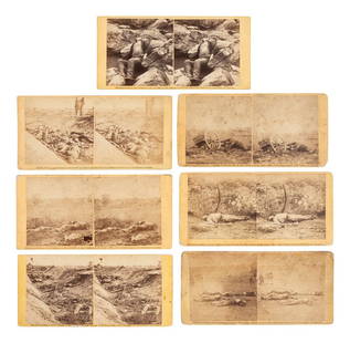 [CIVIL WAR]. A group of stereoviews showing battlefield carnage including deceased soldiers.: [CIVIL WAR]. A group of stereoviews showing battlefield carnage including deceased soldiers. 7 stereoviews on yellow and buff mounts, each bearing Gardner's copyright imprint to lower margin on