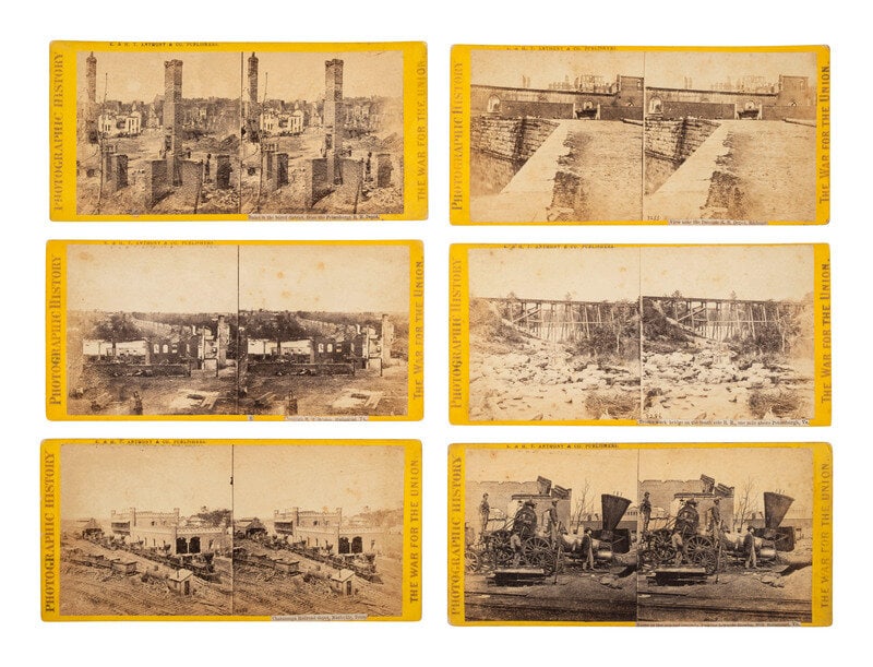 [CIVIL WAR]. 11 stereoviews ft. railroad depots, locomotives, & other transportation subjects.  (1 of 4)