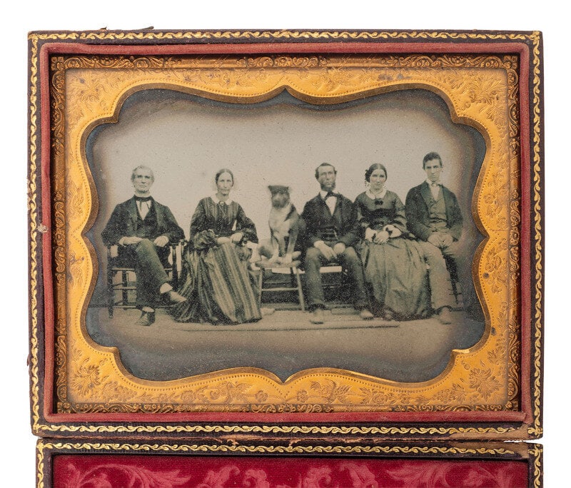 [EARLY PHOTOGRAPHY]. Quarter plate ambrotype portrait of a group of 5 people and their dog. (1 of 1)