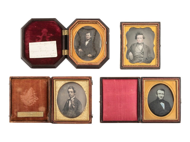 [EARLY PHOTOGRAPHY]. 28 sixth plate daguerreotypes of men with notable hairstyles & facial hair.  (1 of 7)