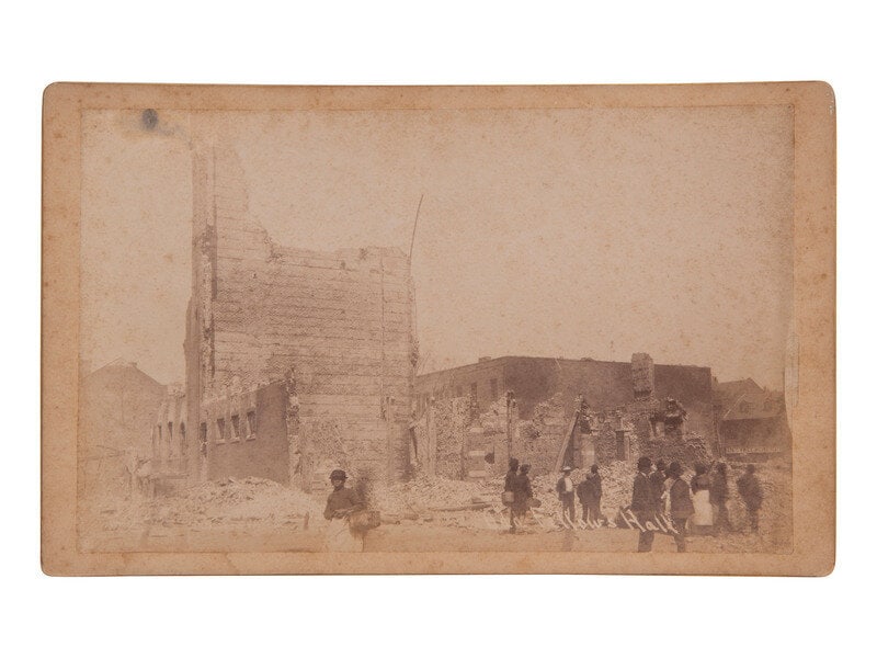 [EARLY PHOTOGRAPHY]. 7 photographs documenting the Savannah Fire of 1889 by J.N. Wilson. : [EARLY PHOTOGRAPHY]. 7 photographs documenting the Savannah Fire of 1889 by J.N. Wilson. 7 photographs, each approx. 7 1/2 x 4 3/8 in., on 8 1/2 by 5 1/8 inch cardstock mounts. One example bears