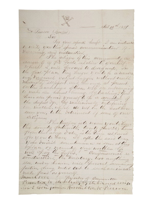 [RECONSTRUCTION]. Threatening letter to a "carpet bagger" instructing recipient to leave the county. (1 of 2)