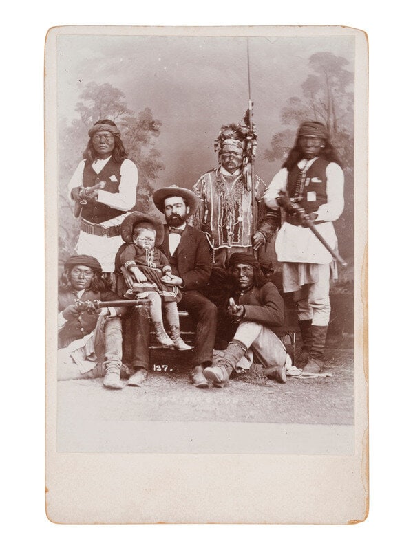 [NATIVE AMERICANS] Cabinet card of Al Sieber's Tonto Apache Scouts with unidentified white subjects (1 of 2)