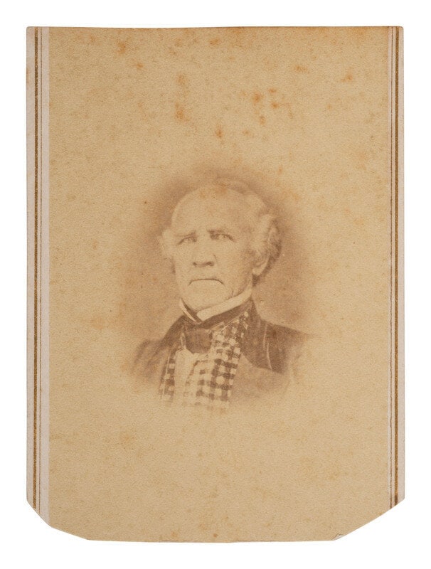 [TEXAS -- HOUSTON, Sam (1793-1863)]. CDV of Houston wearing a plaid vest. N.p., ca 1860s. : [TEXAS -- HOUSTON, Sam (1793-1863)]. CDV of Houston wearing a plaid vest. N.p., ca 1860s. CDV vignetted portrait of Sam Houston wearing a plaid vest and dark jacket. Though a different pose or v