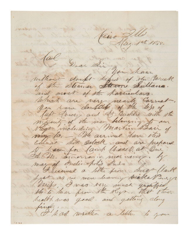 [CIVIL WAR]. Letter from Captain Hake, 115th OVI, describing his survival of the Sultana explosion. (1 of 2)