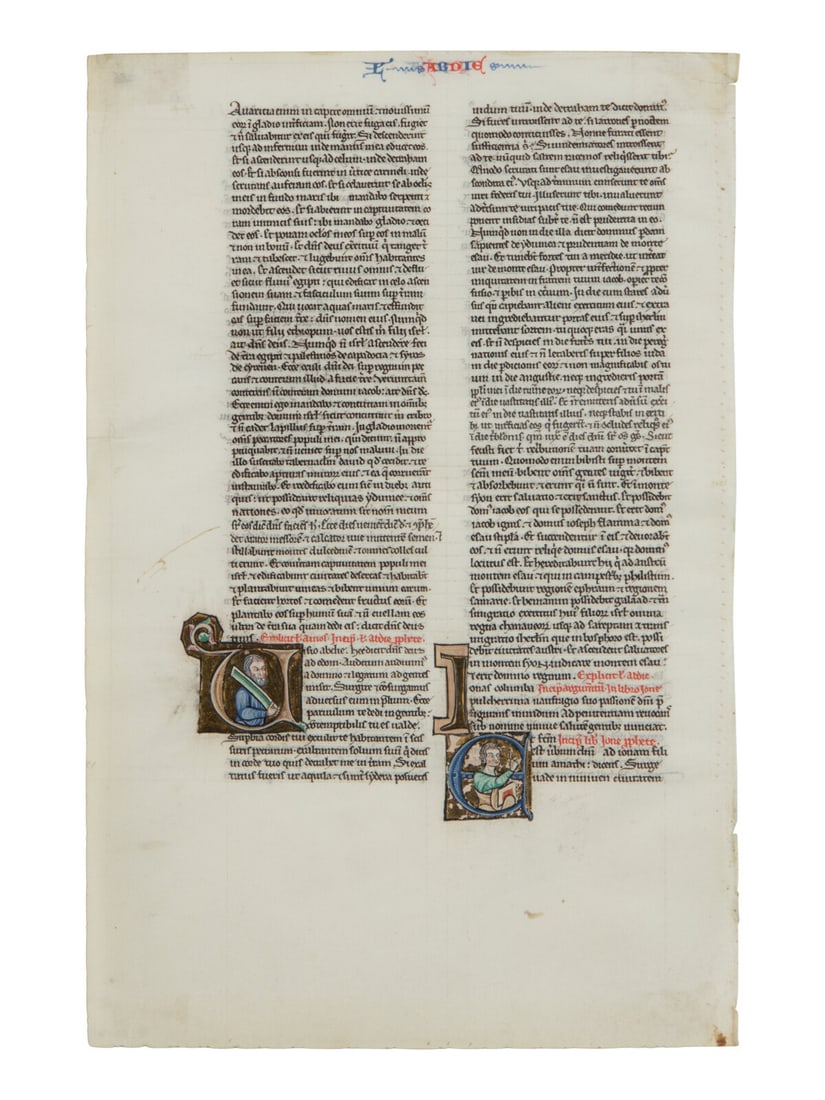 HORNBY-COCKERELL GROUP Cutting with initial historiated initial ‘U’ and ‘E’ from the: HORNBY-COCKERELL GROUP Cutting with initial historiated initial ‘U’ and ‘E’ from the Huth-Hornby-Cockerell-Haddaway Bible, in Latin, illuminated manuscript on parchment [France, Paris, c. 1210