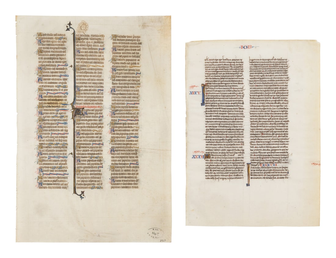 PARISIAN WORKSHOPS Two Bible leaves, one from the St. Alban's Bible, with illuminated initials, in (1 of 2)