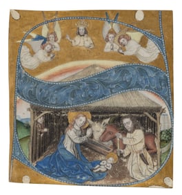 ANONYMOUS RHENISH ARTIST Illuminated cutting of Initial ‘S’ with the Nativity of Christ, from a