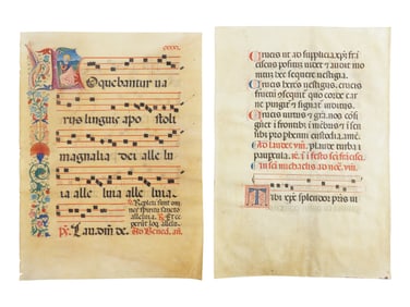 ITALIAN WORKSHOP AND LATER HAND Two Leaves from a Franciscan Antiphonary, with historiated initial