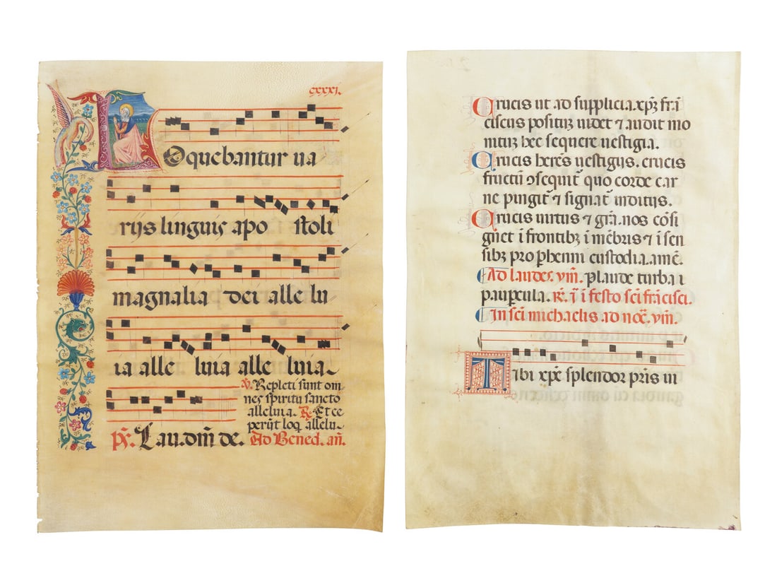ITALIAN WORKSHOP AND LATER HAND Two Leaves from a Franciscan Antiphonary, with historiated initial (1 of 2)