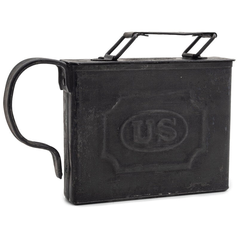 US Model 1872 Meat Can: US Model 1872 Meat Can Indian Wars Body of meat tin nominally 6.5"x5"x1.25". 8.75" long including loop handle. Removable lid with folding handle. Large "US" embossed on sides. With traces of old black