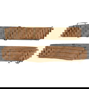 Two Woven Mills Style Cartridge Belts: 1890s C Closure Double Row and Shotgun Belt with Game Hangers: Two Woven Mills Style Cartridge Belts: 1890s C Closure Double Row and Shotgun Belt with Game Hangers Spanish American War 1) 1890s era C-Closure woven double row cartridge belt for 100 rounds of