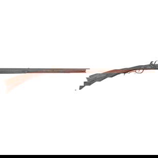 Reconverted Flintlock Fowler: Reconverted Flintlock Fowler .48 caliber. 30.5" pinned octagonal barrel. NSN. Browned finish, brass furniture, faux striped hardwood stock with sliding wood patchbox. Single shot smoothbore