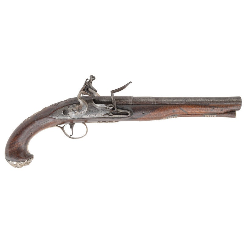 Carbine Bore English Flintlock Holster Pistol by W Arden: Carbine Bore English Flintlock Holster Pistol by W Arden French & Indian War - American Revolution 20 Bore (.62). 8.75" three-stage swamped round barrel. NSN. Bright finish, German silver furnitur