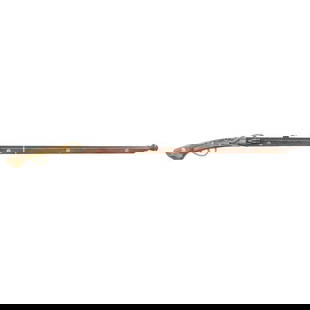 Edo Period Japanese Matchlock Musket: Edo Period Japanese Matchlock Musket .56 cal. 42" barrel length. SN: NSN. Single-shot matchlock musket with rear block notch sight and front blade mounted atop a flared "Onion" muzzle. Wood stock