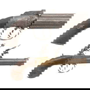 Two Antique Handguns: Brass Flintlock Pocket Pistol and Pepperbox: Two Antique Handguns: Brass Flintlock Pocket Pistol and Pepperbox 1) English Iron Frame Bar Hammer Double Action Pepperbox. .40 caliber, 3.25" fluted barrel cluster. NSN. No finish remaining,