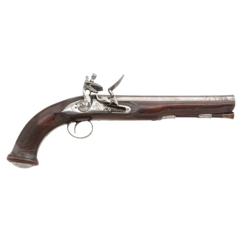 Fine Punjab Made East India Company Flintlock Officer's Pistol: Fine Punjab Made East India Company Flintlock Officer's Pistol 22 Bore (.60 caliber). 9.5" pinned round swamped barrel with top salt. NSN. Bright finish, steel furniture, hardwood stock with checkered