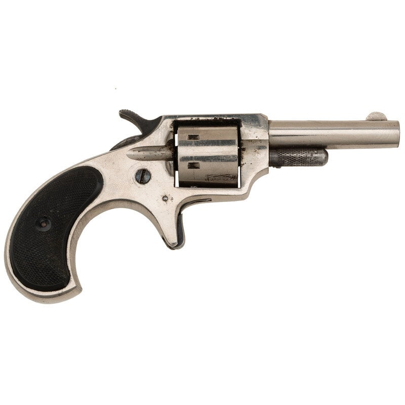 Remington Iroquois .22 Revolver: Remington Iroquois .22 Revolver .22RF. 2.25" barrel. NSN. Nickel finish, color case hardened hammer, blued trigger, checkered hard rubber grips. Single action spur trigger solid frame metallic cartrid