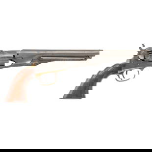 Colt Model 1862 Police Percussion Revolver: Colt Model 1862 Police Percussion Revolver .36 caliber. 6.5" barrel. SN: 13592 (mfg. ca. 1862). Cleaned with no finish, silver plated brass blackstrap and triggerguard, one piece varnish walnut grip.