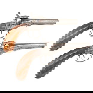 Pair of Single Shot Belgian Pin Fire Pistols by Pirlot Freres: Pair of Single Shot Belgian Pin Fire Pistols by Pirlot Freres 11mm Pinfire. 4" octagonal barrels. SN: 7689 &amp; 7691. Bright finish, smooth varnished European hardwood grips. Single shot, single acti