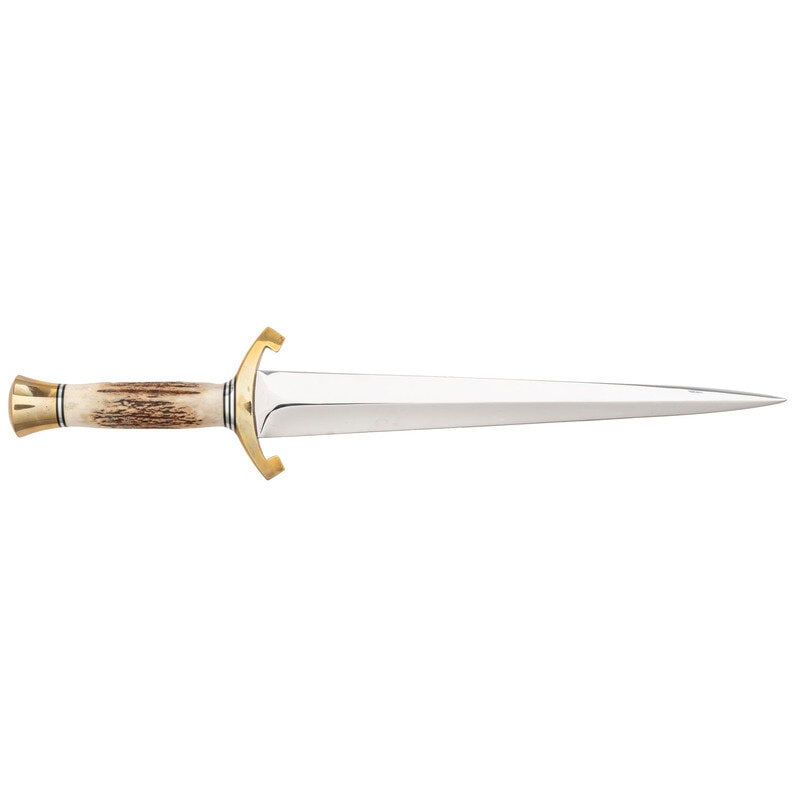 Harvey Draper Dagger with Bone Handle: Harvey Draper Dagger with Bone Handle 11.75" blade length. 17" overall with hilt. Straight double edged needle point dagger in the style of an Arkansas Toothpick featuring hidden tang construction, a