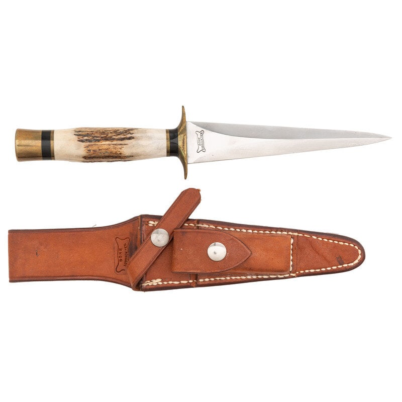 Vintage Ralph Bone Model AT Arkansas Toothpick with Sheath: Vintage Ralph Bone Model AT Arkansas Toothpick with Sheath 6" blade length. 11.5" overall with sheath and hilt. Straight double edged needle point dagger blade with brass guard featuring hidden tang c