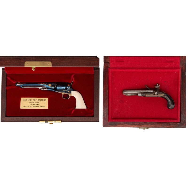 Miniature Cased US Historical Society Colt Model 1860 Army Revolver in Presentation Case with Miniat: Miniature Cased US Historical Society Colt Model 1860 Army Revolver in Presentation Case with Miniature Flintlock Pistol 1.) .21 Caliber. 3.75" barrel length. SN: 331. Blued metal finish with ivory gr