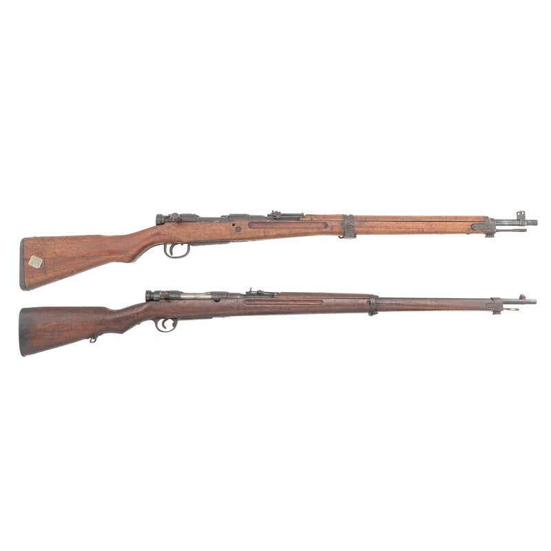 **2 Japanese Rifles: A Type 99 Arisaka Rifle with Ground Mum, Anti-Aircraft Sights and A Navy Marked: **2 Japanese Rifles: A Type 99 Arisaka Rifle with Ground Mum, Anti-Aircraft Sights and A Navy Marked Type 38 School Gun World War II 1.) 7.7x58mm. 25.9" barrel length. SN: 92995. Blued metal finish mo
