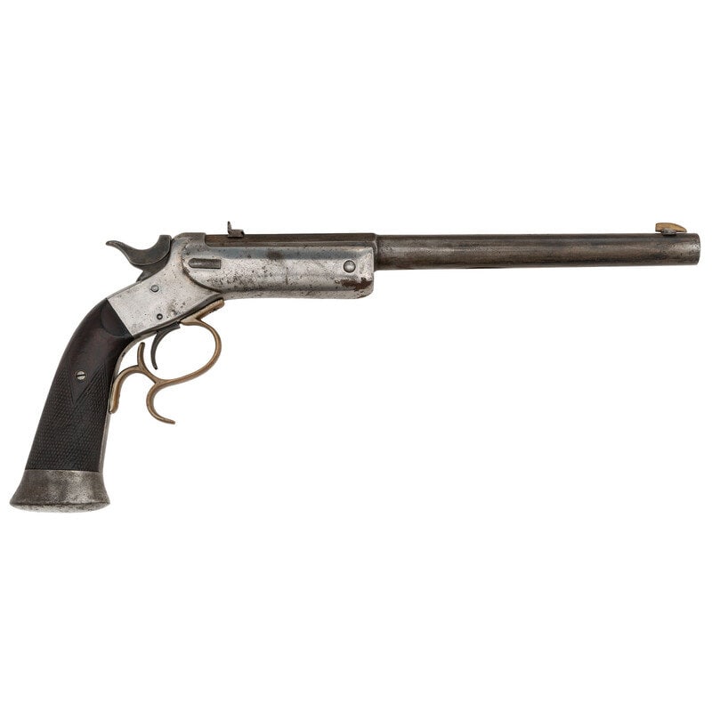 Antique Stevens-Lord No. 36 .22 Target: Antique Stevens-Lord No. 36 .22 Target .22 LR. 10" barrel length. SN: 586. Blued barrel with nickel plated iron frame and brass triggerguard mounting checkered walnut grips and dovetailed rear notch a