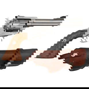 *Ruger New Model Blackhawk .357 with Smith & Wesson Holster: *Ruger New Model Blackhawk .357 with Smith &amp; Wesson Holster .357 Mag. 4.75" barrel length. SN: 33-80041. Brushed stainless steel finish with wood right handed thumb rest grips. Single action loadi